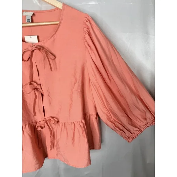 Ava & Viv Pink Tie Front Peplum Blouse XXL Elbow Sleeve Rayon NWT - Picture 9 of 13